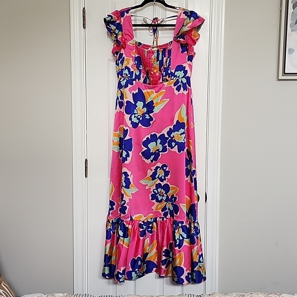 Vanilla Bay Hot Pink Floral Dress Ruffle and Square Neck​​​​​